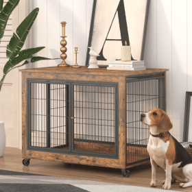 Furniture Double Door Dog Crate, Rustic Brown Wood Top That Opens