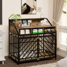 Heavy Duty Metal and Wood Desk Style Furniture Crate Medium Large Dog Crate, Storage Area Top