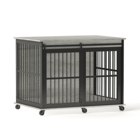 Furniture Dog Crate With Wood Style Top and Back,  Sliding Iron Door Dog Cage With Mat, Heavy Duty Medium/ Large Dogs