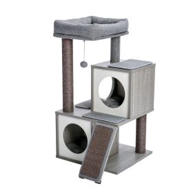 Cat Tree Luxury 34 Inches Cat Tower with Double Condos, Spacious Perch, Fully Wrapped Scratching Sisal Posts and Replaceable Dangling Balls Gray