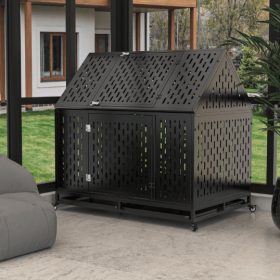 Heavy Duty Dog Crate 45 Inch Heavy Duty Dog Crate Kennel With Roof Top 2 Doors Removable Trays (Option: Black1)