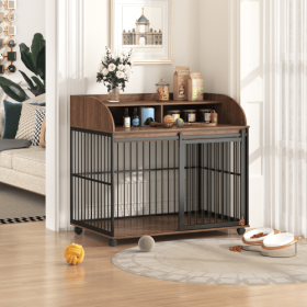 Wooden Crate Kennel Is Suitable For Large Medium-sized Dogs With Wood Material on Top With Shelf Storage (Color: Brown)