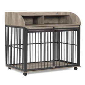 Wooden Crate Kennel Is Suitable For Large Medium-sized Dogs With Wood Material on Top With Shelf Storage (Color: Grey)